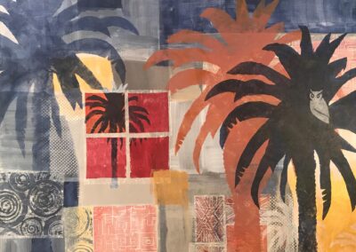 Caley Carol "Canary Island Palms, LA" 36x29 Acrylic with collage and handmade paper $1250