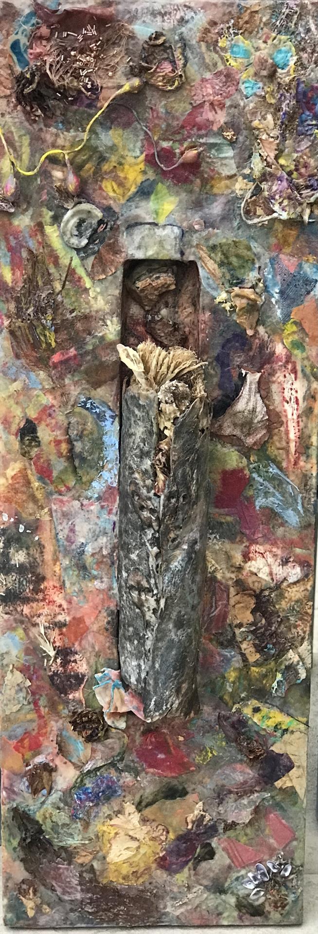Carol Kay - Cherish the Possibilities 36x12 Encaustic painting and monotype, mixed media sculpture NFS